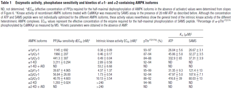 Enzymatic activity, phosphatase sensitivity and kinetics of α1- and α2-containing AMPK isoforms